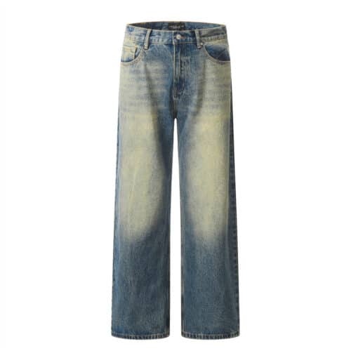 564899355 Color blocked yellow mud dyed washed denim jeans