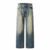 Color blocked yellow mud dyed washed denim jeans