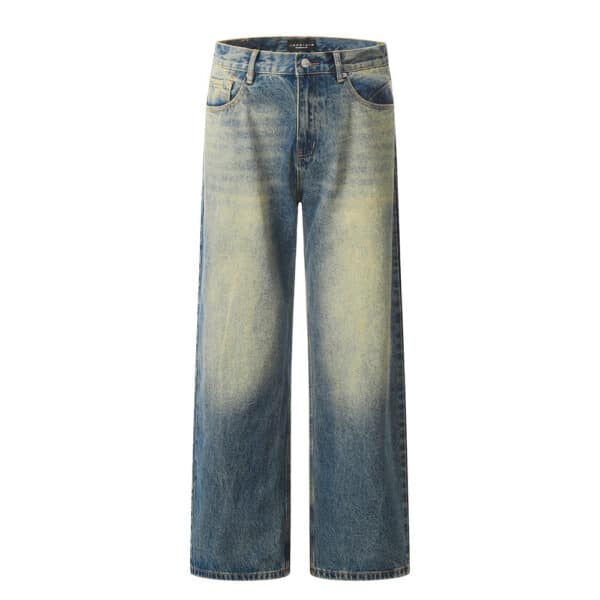 Color blocked yellow mud dyed washed denim jeans